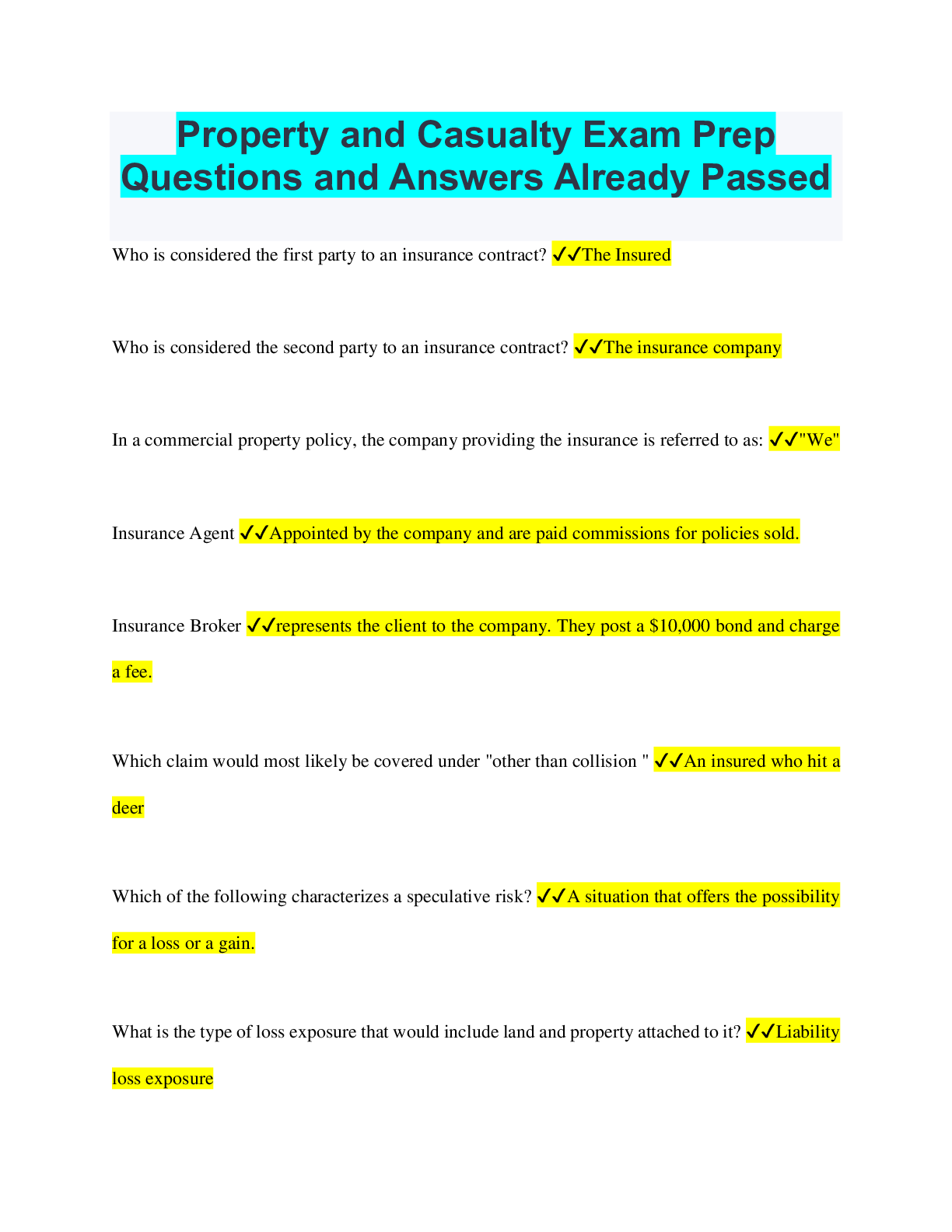 PROPERTY AND CASUALTY BUNDLED EXAMS QUESTIONS AND ANSWERS WITH APPROVED
